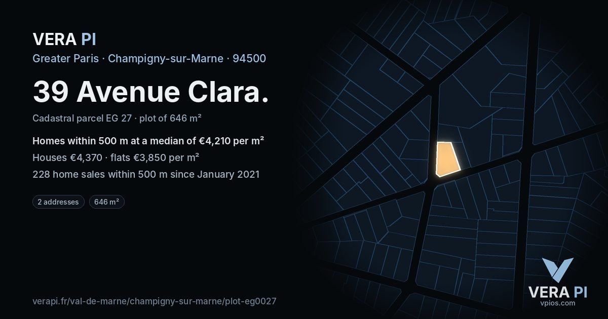 39 Avenue Clara, Champigny-sur-Marne at night – the plot lit, the parcels around coloured by the prices near them
