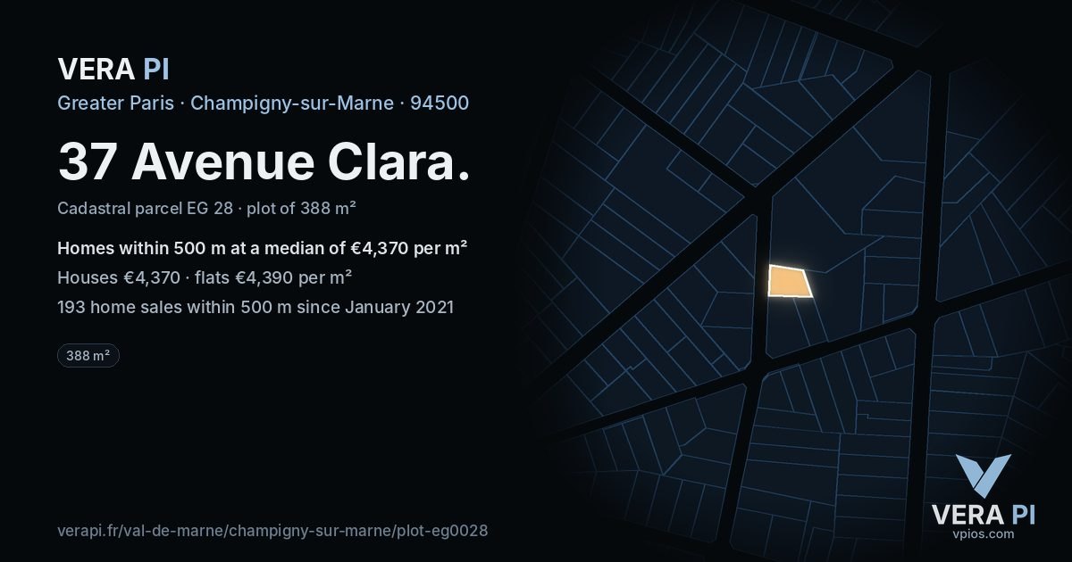 37 Avenue Clara, Champigny-sur-Marne at night – the plot lit, the parcels around coloured by the prices near them
