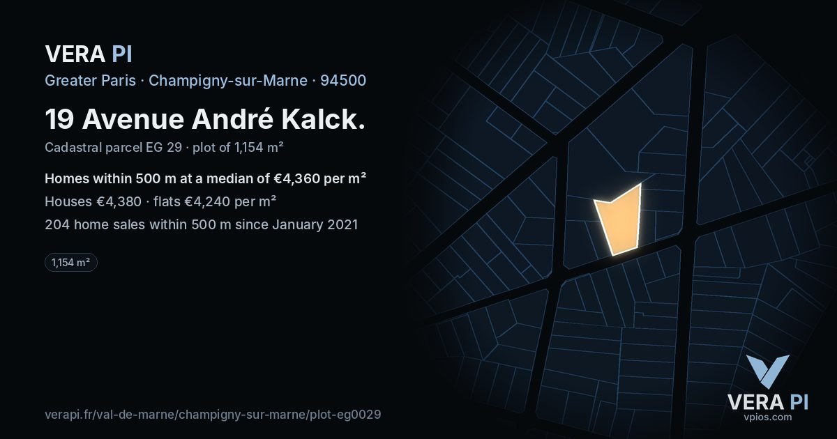 19 Avenue André Kalck, Champigny-sur-Marne at night – the plot lit, the parcels around coloured by the prices near them