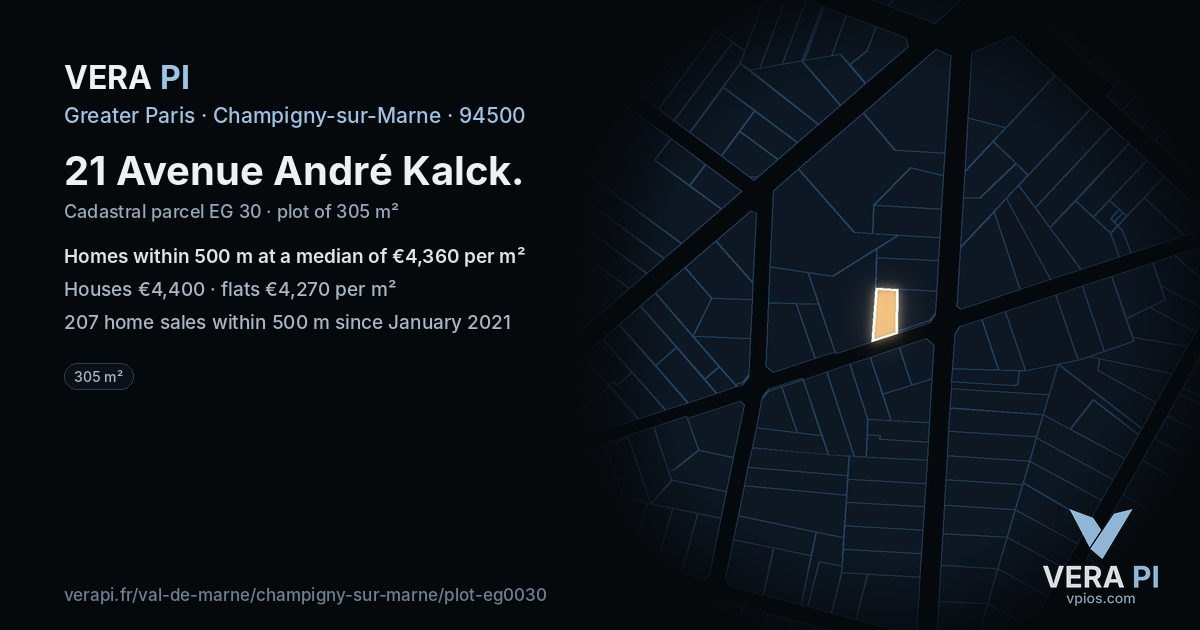 21 Avenue André Kalck, Champigny-sur-Marne at night – the plot lit, the parcels around coloured by the prices near them