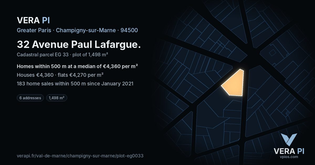 32 Avenue Paul Lafargue, Champigny-sur-Marne at night – the plot lit, the parcels around coloured by the prices near them