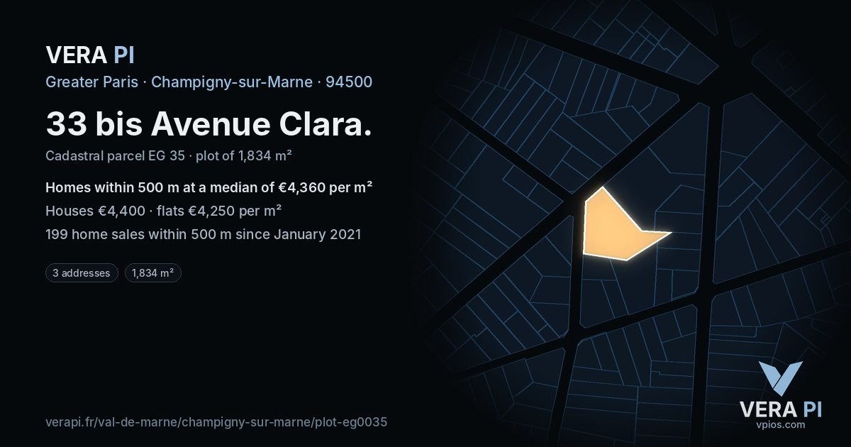 33 bis Avenue Clara, Champigny-sur-Marne at night – the plot lit, the parcels around coloured by the prices near them