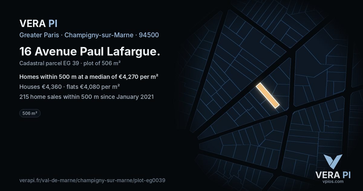 16 Avenue Paul Lafargue, Champigny-sur-Marne at night – the plot lit, the parcels around coloured by the prices near them