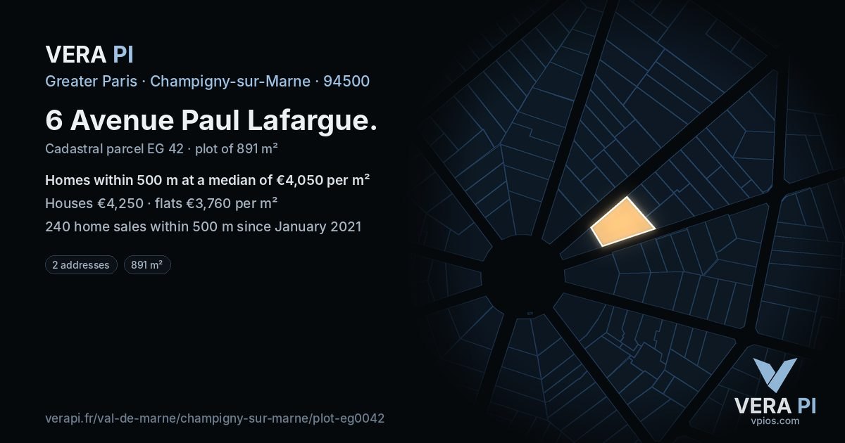 6 Avenue Paul Lafargue, Champigny-sur-Marne at night – the plot lit, the parcels around coloured by the prices near them