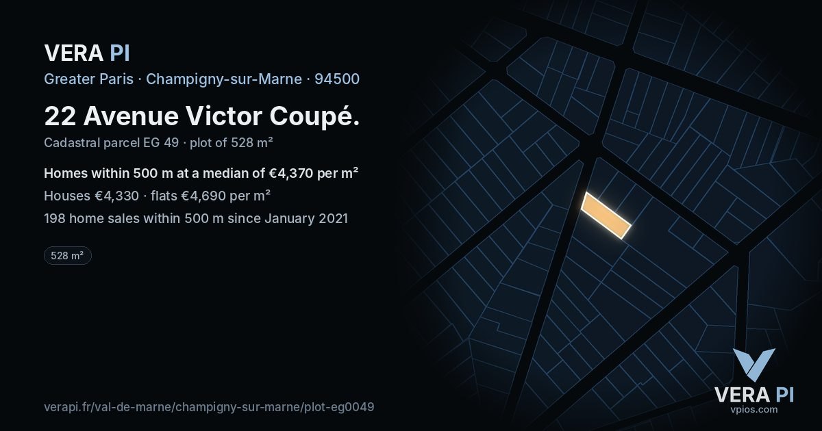 22 Avenue Victor Coupé, Champigny-sur-Marne at night – the plot lit, the parcels around coloured by the prices near them