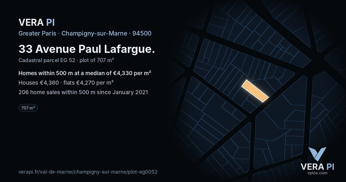 33 Avenue Paul Lafargue, Champigny-sur-Marne at night – the plot lit, the parcels around coloured by the prices near them