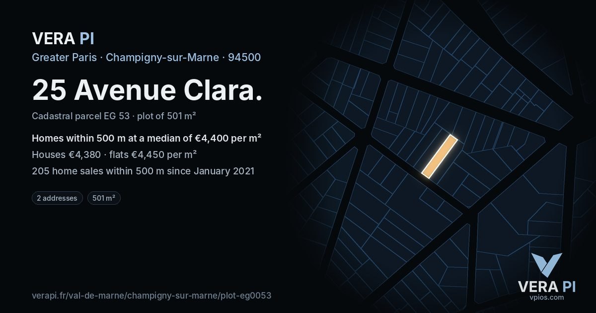 25 Avenue Clara, Champigny-sur-Marne at night – the plot lit, the parcels around coloured by the prices near them