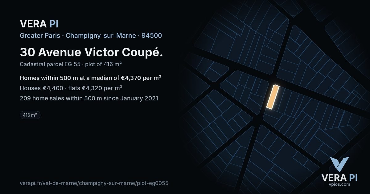 30 Avenue Victor Coupé, Champigny-sur-Marne at night – the plot lit, the parcels around coloured by the prices near them