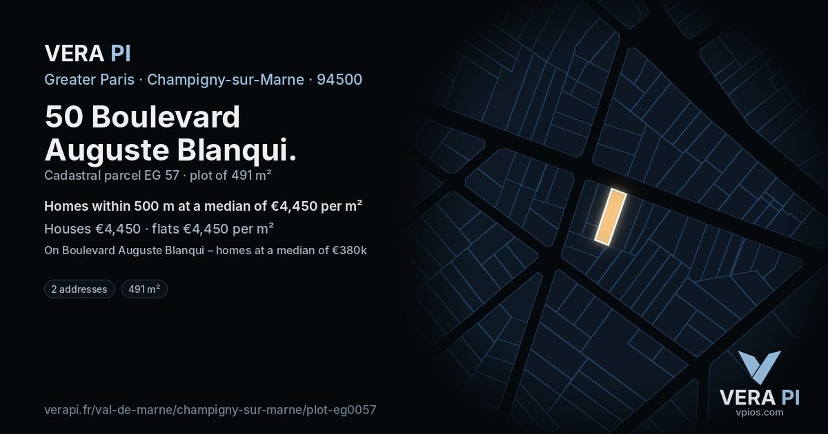 50 Boulevard Auguste Blanqui, Champigny-sur-Marne at night – the plot lit, the parcels around coloured by the prices near them
