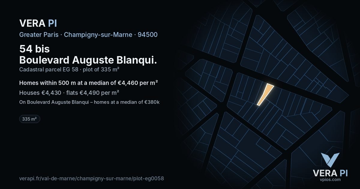 54 bis Boulevard Auguste Blanqui, Champigny-sur-Marne at night – the plot lit, the parcels around coloured by the prices near them