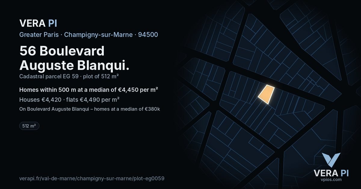 56 Boulevard Auguste Blanqui, Champigny-sur-Marne at night – the plot lit, the parcels around coloured by the prices near them