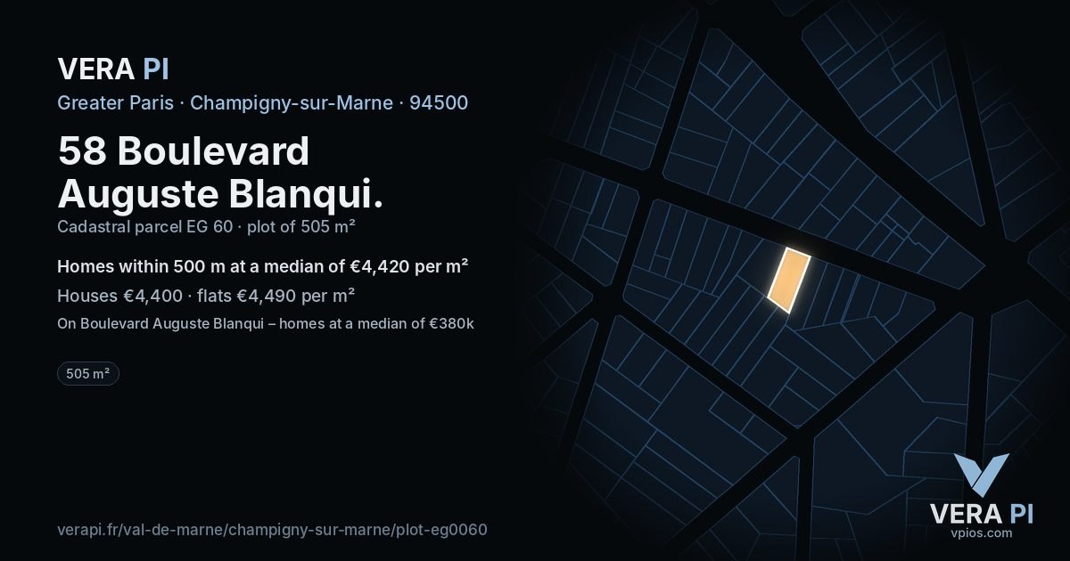58 Boulevard Auguste Blanqui, Champigny-sur-Marne at night – the plot lit, the parcels around coloured by the prices near them