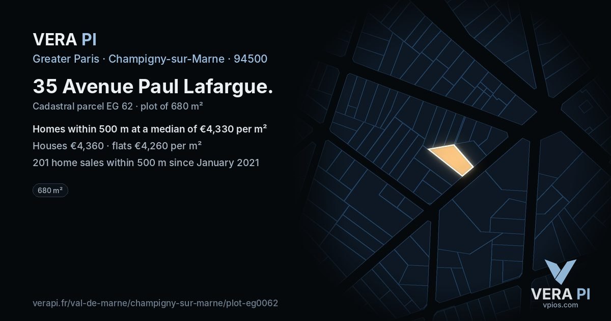 35 Avenue Paul Lafargue, Champigny-sur-Marne at night – the plot lit, the parcels around coloured by the prices near them