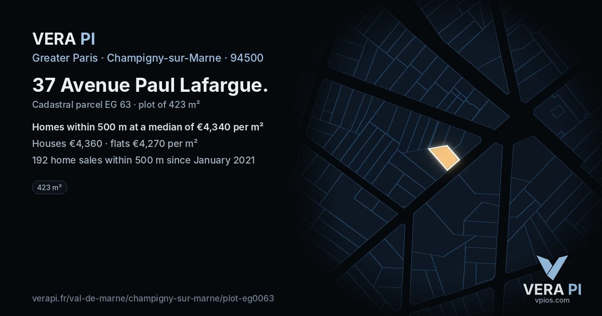37 Avenue Paul Lafargue, Champigny-sur-Marne at night – the plot lit, the parcels around coloured by the prices near them