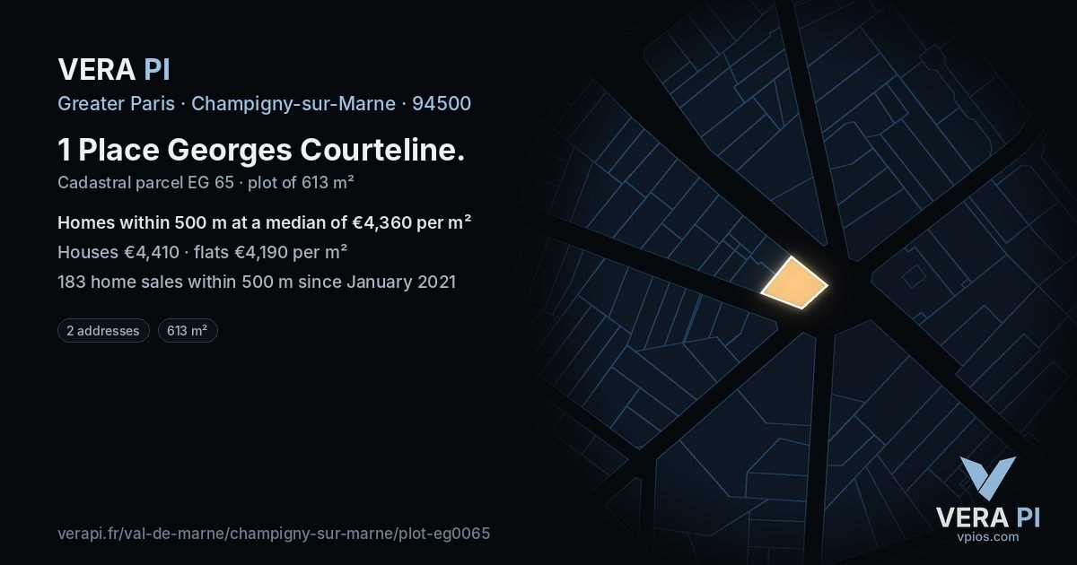 1 Place Georges Courteline, Champigny-sur-Marne at night – the plot lit, the parcels around coloured by the prices near them