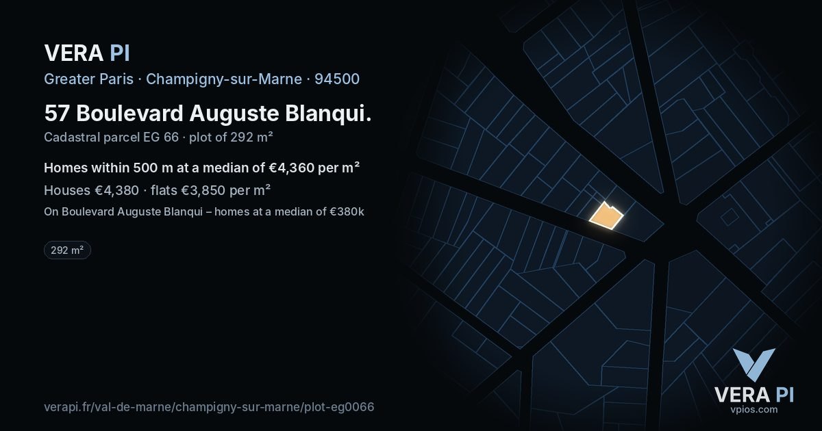 57 Boulevard Auguste Blanqui, Champigny-sur-Marne at night – the plot lit, the parcels around coloured by the prices near them