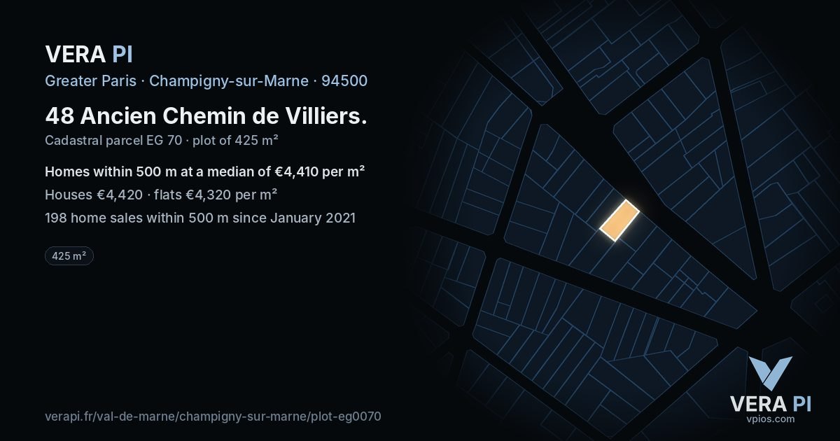 48 Ancien Chemin de Villiers, Champigny-sur-Marne at night – the plot lit, the parcels around coloured by the prices near them