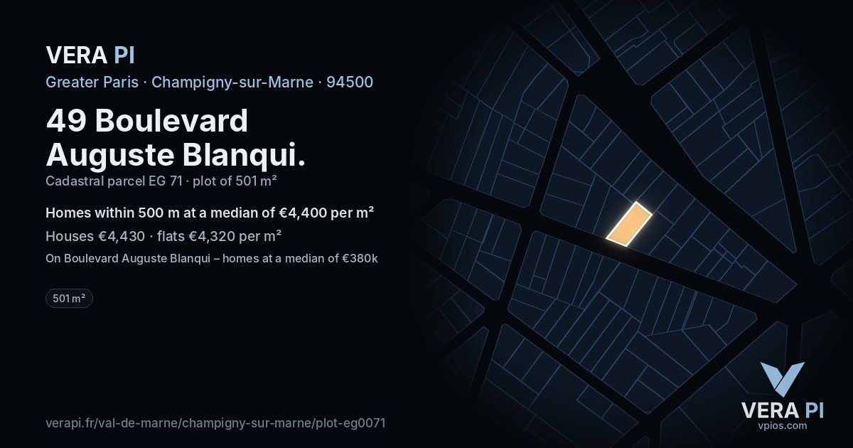 49 Boulevard Auguste Blanqui, Champigny-sur-Marne at night – the plot lit, the parcels around coloured by the prices near them