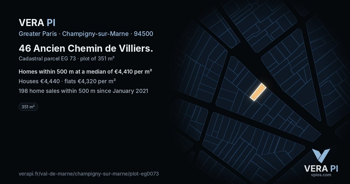 46 Ancien Chemin de Villiers, Champigny-sur-Marne at night – the plot lit, the parcels around coloured by the prices near them