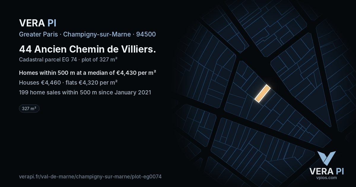 44 Ancien Chemin de Villiers, Champigny-sur-Marne at night – the plot lit, the parcels around coloured by the prices near them