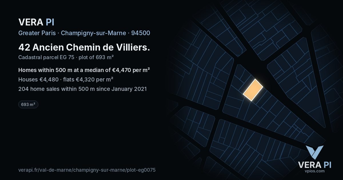 42 Ancien Chemin de Villiers, Champigny-sur-Marne at night – the plot lit, the parcels around coloured by the prices near them