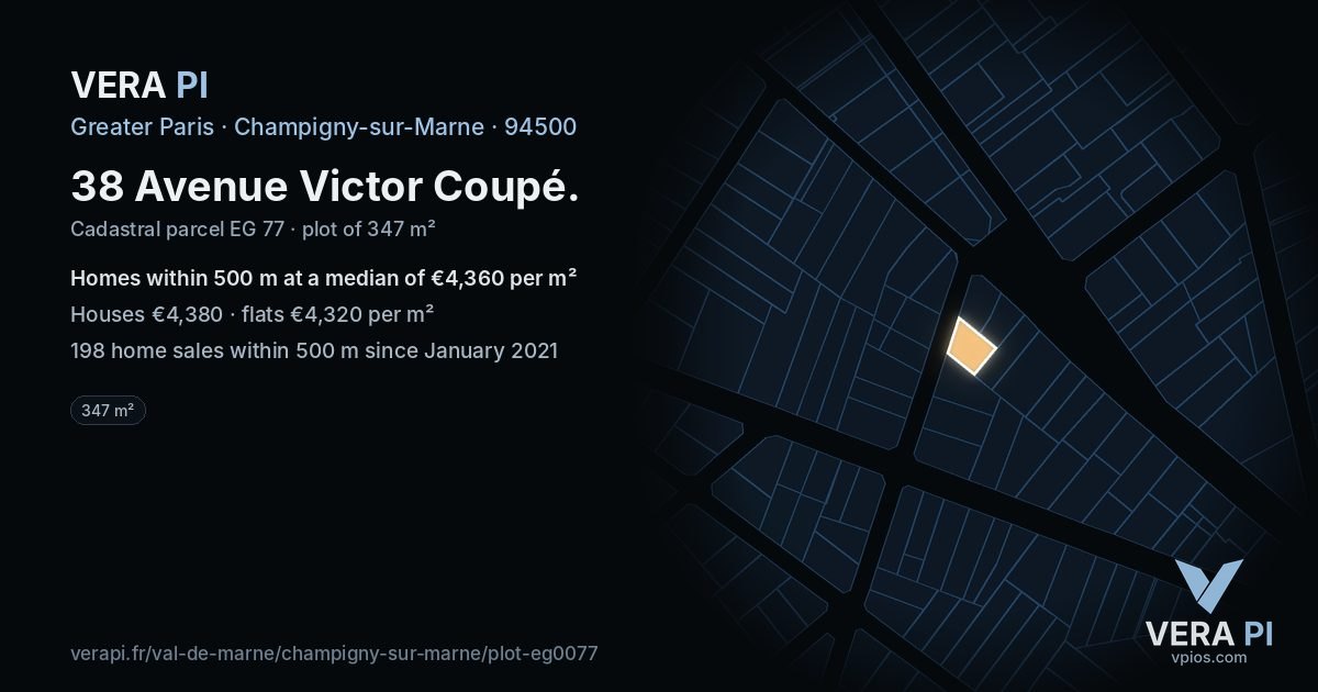 38 Avenue Victor Coupé, Champigny-sur-Marne at night – the plot lit, the parcels around coloured by the prices near them