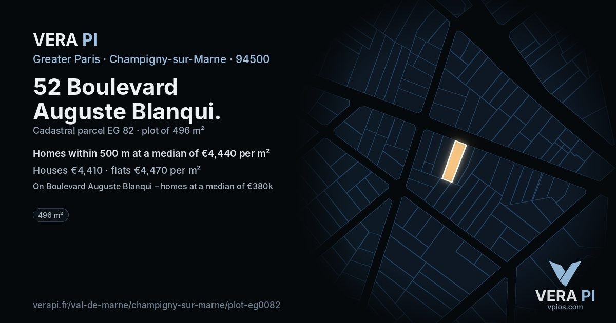 52 Boulevard Auguste Blanqui, Champigny-sur-Marne at night – the plot lit, the parcels around coloured by the prices near them
