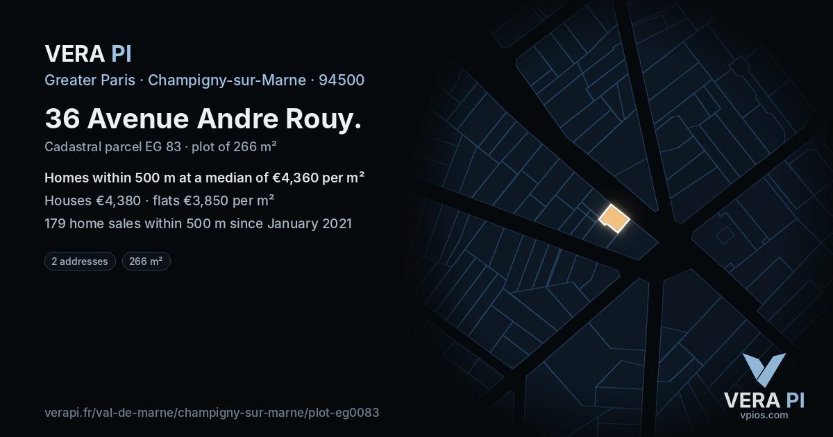 36 Avenue Andre Rouy, Champigny-sur-Marne at night – the plot lit, the parcels around coloured by the prices near them