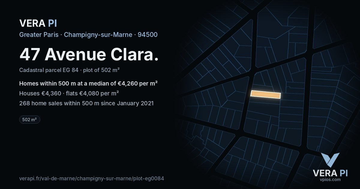 47 Avenue Clara, Champigny-sur-Marne at night – the plot lit, the parcels around coloured by the prices near them