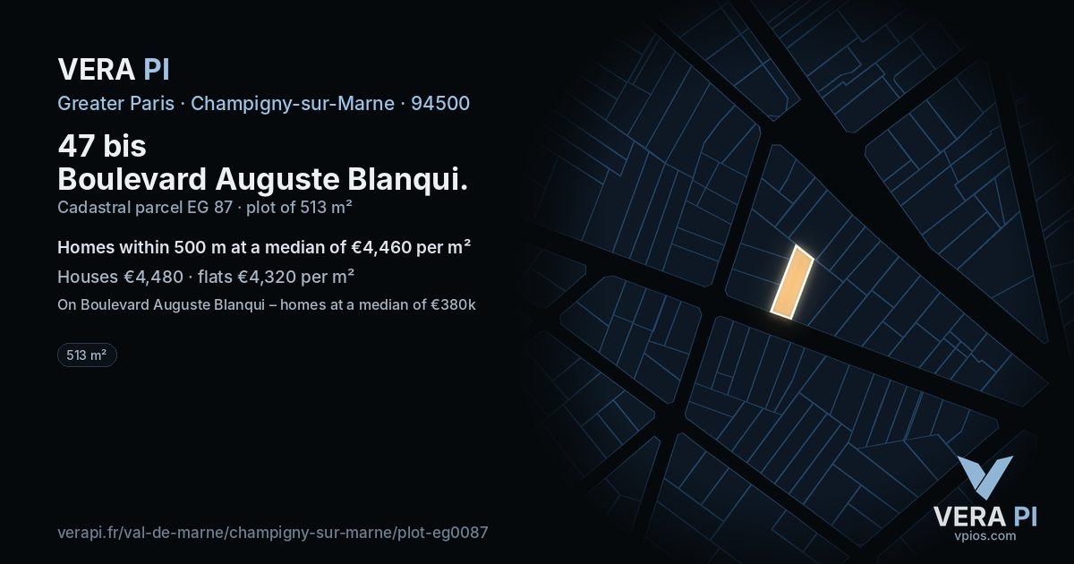 47 bis Boulevard Auguste Blanqui, Champigny-sur-Marne at night – the plot lit, the parcels around coloured by the prices near them