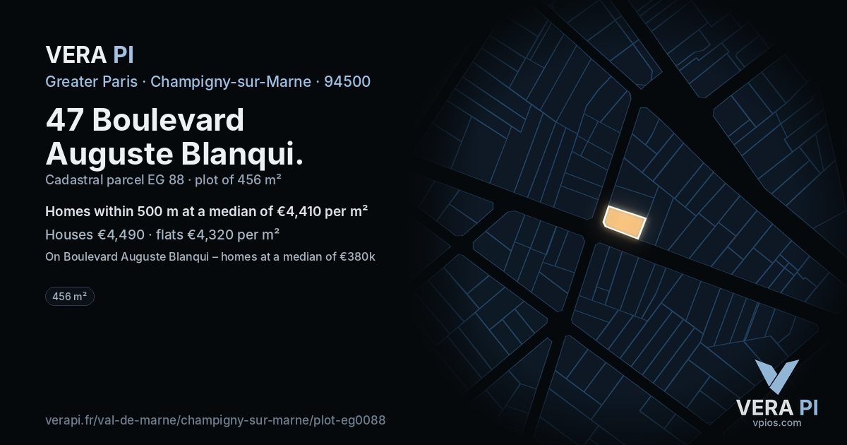 47 Boulevard Auguste Blanqui, Champigny-sur-Marne at night – the plot lit, the parcels around coloured by the prices near them