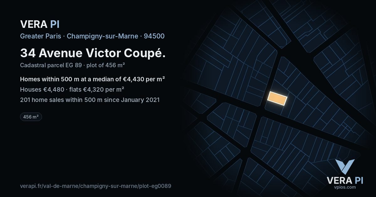 34 Avenue Victor Coupé, Champigny-sur-Marne at night – the plot lit, the parcels around coloured by the prices near them