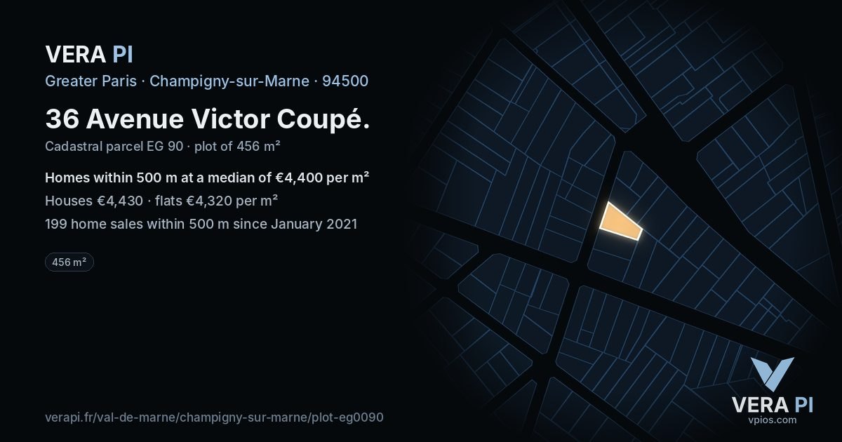 36 Avenue Victor Coupé, Champigny-sur-Marne at night – the plot lit, the parcels around coloured by the prices near them