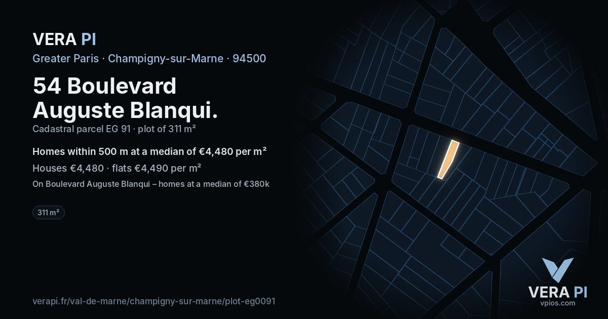 54 Boulevard Auguste Blanqui, Champigny-sur-Marne at night – the plot lit, the parcels around coloured by the prices near them