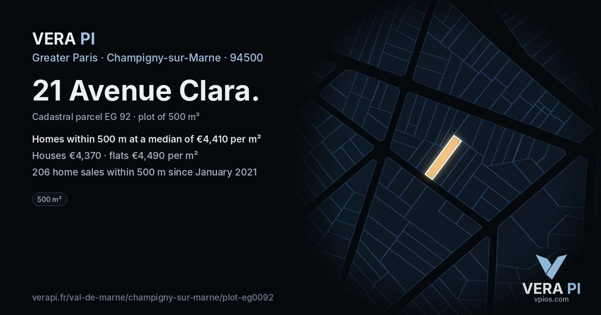 21 Avenue Clara, Champigny-sur-Marne at night – the plot lit, the parcels around coloured by the prices near them