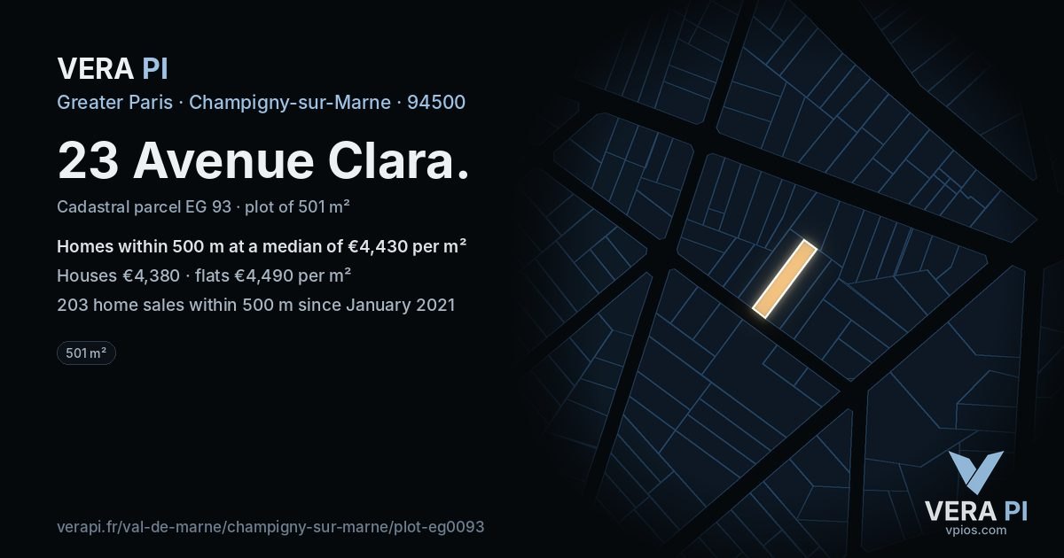 23 Avenue Clara, Champigny-sur-Marne at night – the plot lit, the parcels around coloured by the prices near them