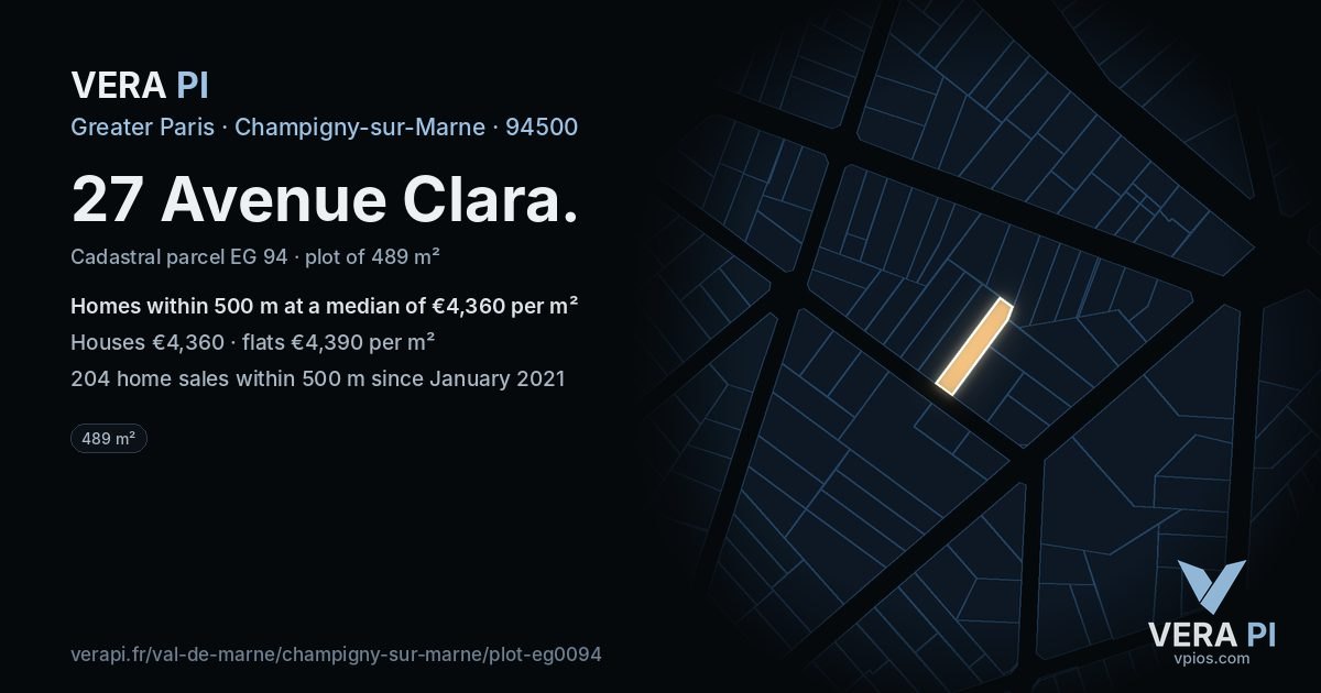27 Avenue Clara, Champigny-sur-Marne at night – the plot lit, the parcels around coloured by the prices near them