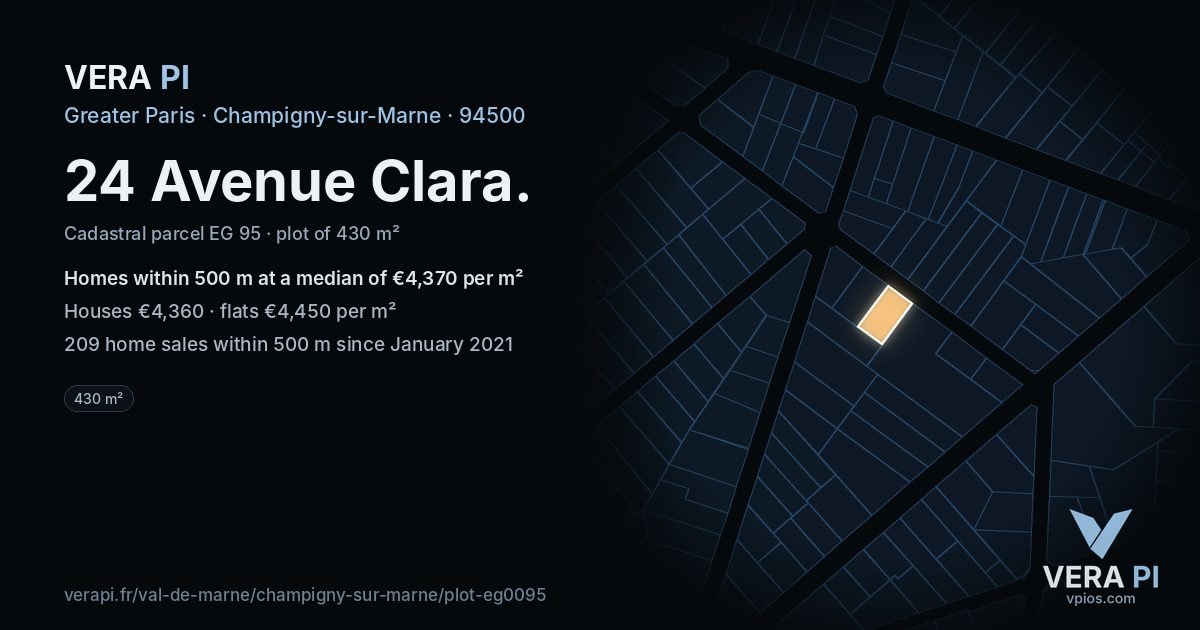 24 Avenue Clara, Champigny-sur-Marne at night – the plot lit, the parcels around coloured by the prices near them