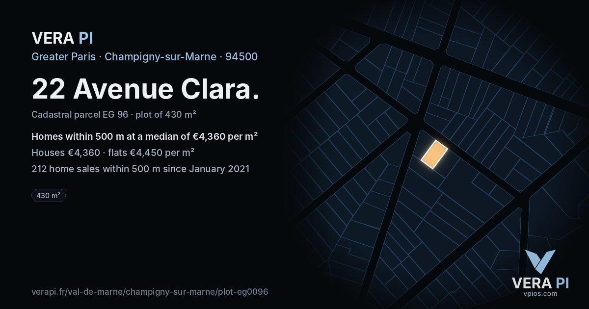 22 Avenue Clara, Champigny-sur-Marne at night – the plot lit, the parcels around coloured by the prices near them