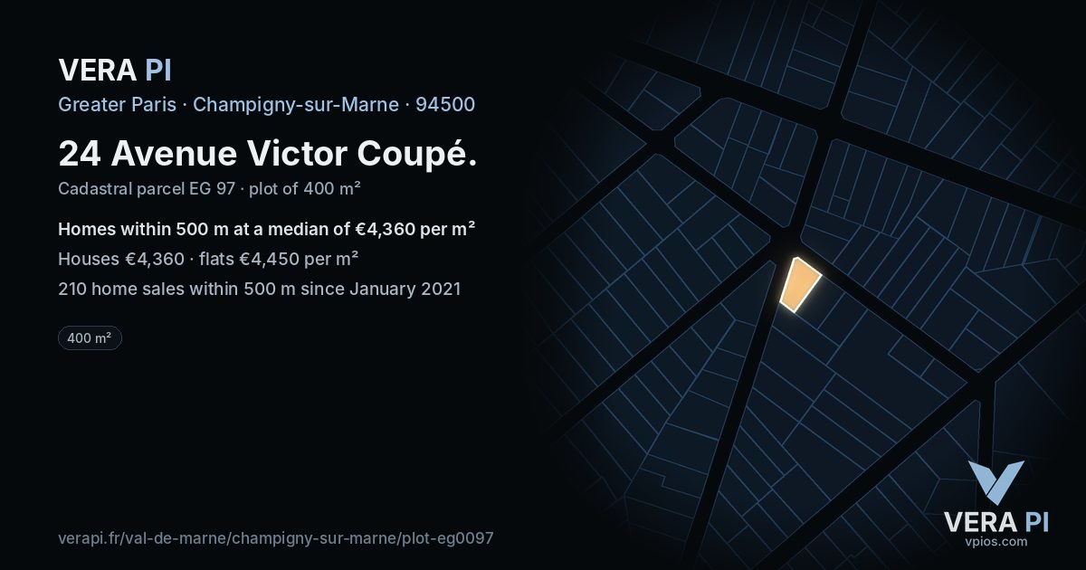 24 Avenue Victor Coupé, Champigny-sur-Marne at night – the plot lit, the parcels around coloured by the prices near them