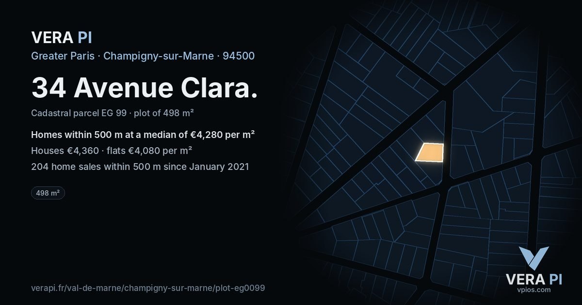 34 Avenue Clara, Champigny-sur-Marne at night – the plot lit, the parcels around coloured by the prices near them