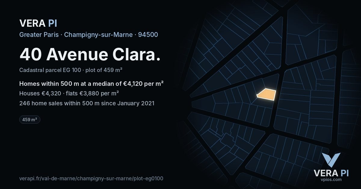 40 Avenue Clara, Champigny-sur-Marne at night – the plot lit, the parcels around coloured by the prices near them