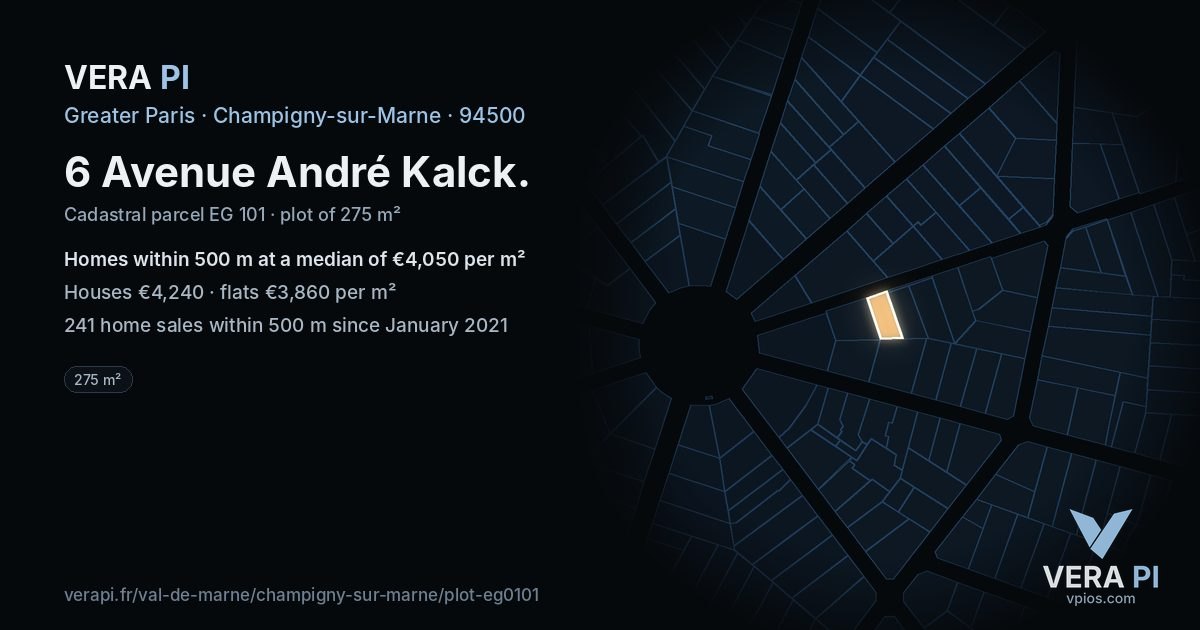 6 Avenue André Kalck, Champigny-sur-Marne at night – the plot lit, the parcels around coloured by the prices near them