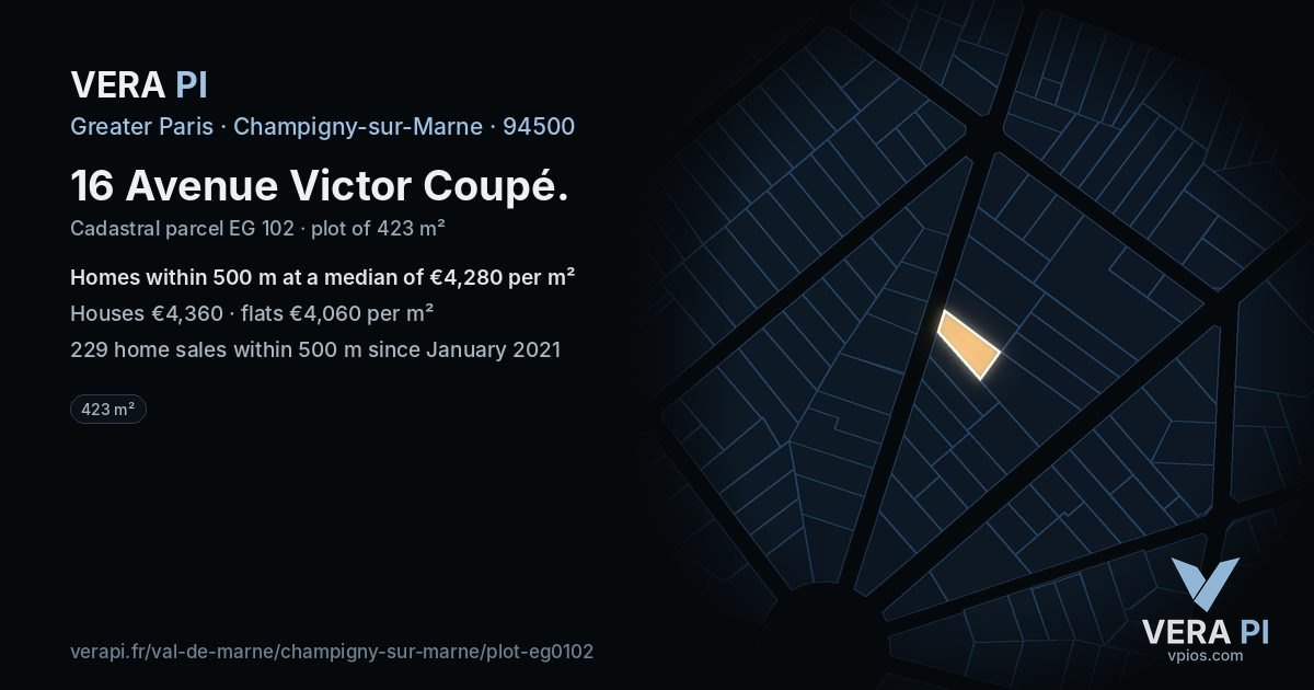 16 Avenue Victor Coupé, Champigny-sur-Marne at night – the plot lit, the parcels around coloured by the prices near them
