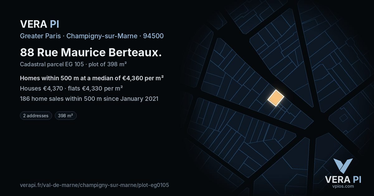 88 Rue Maurice Berteaux, Champigny-sur-Marne at night – the plot lit, the parcels around coloured by the prices near them