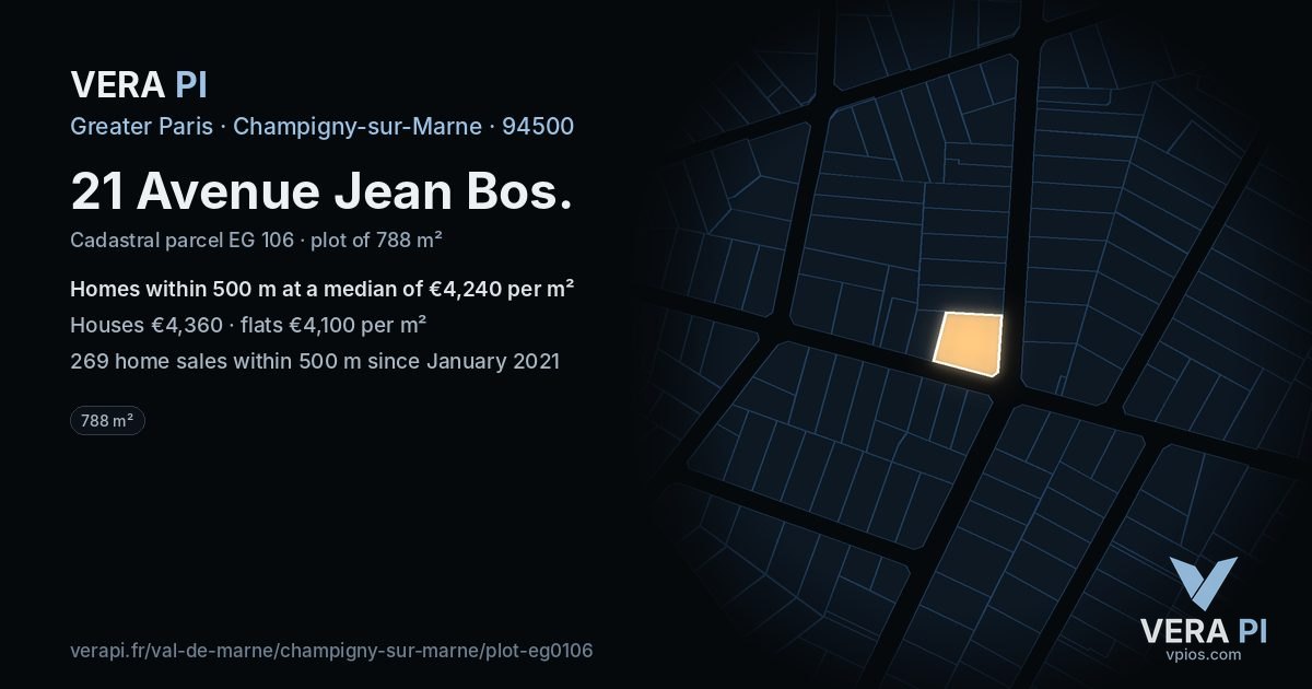 21 Avenue Jean Bos, Champigny-sur-Marne at night – the plot lit, the parcels around coloured by the prices near them