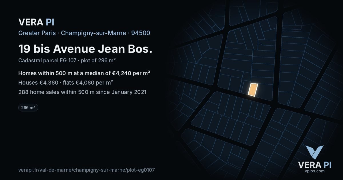 19 bis Avenue Jean Bos, Champigny-sur-Marne at night – the plot lit, the parcels around coloured by the prices near them