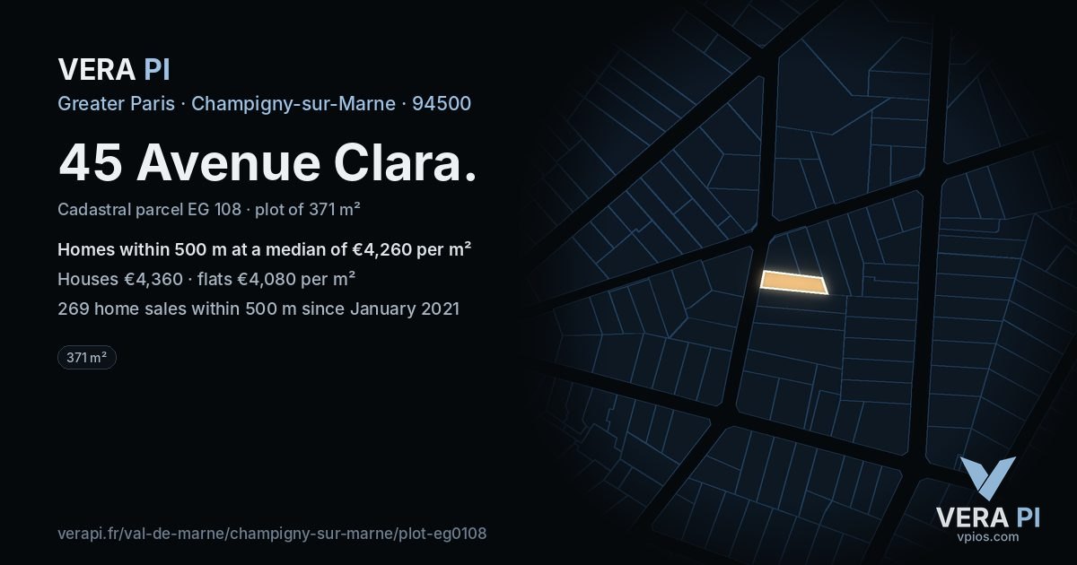 45 Avenue Clara, Champigny-sur-Marne at night – the plot lit, the parcels around coloured by the prices near them