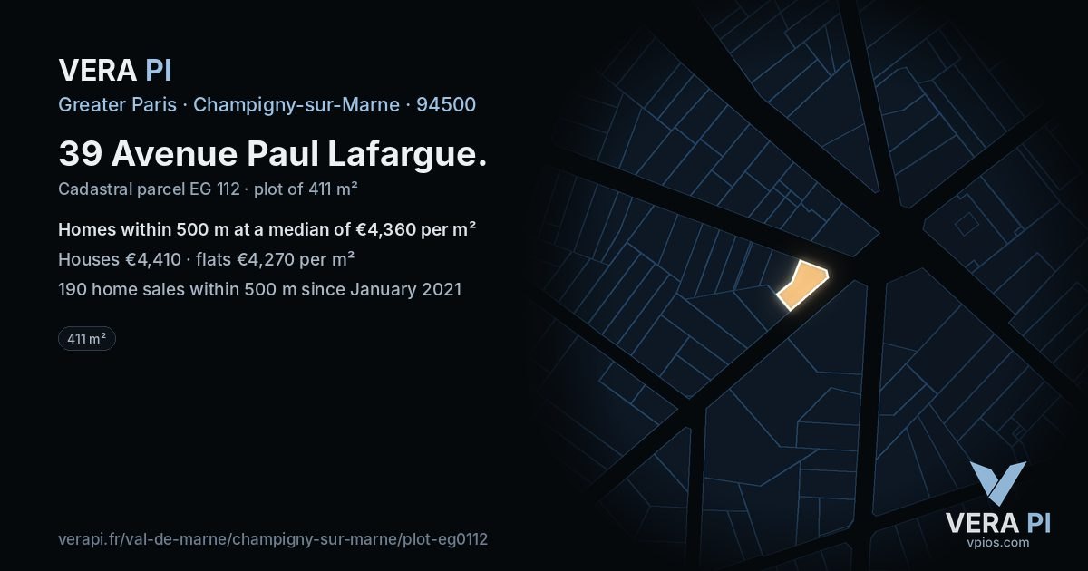 39 Avenue Paul Lafargue, Champigny-sur-Marne at night – the plot lit, the parcels around coloured by the prices near them
