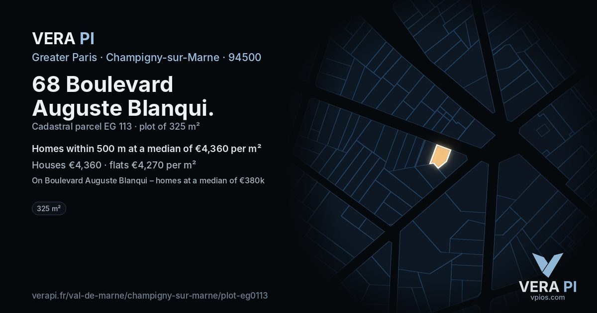 68 Boulevard Auguste Blanqui, Champigny-sur-Marne at night – the plot lit, the parcels around coloured by the prices near them